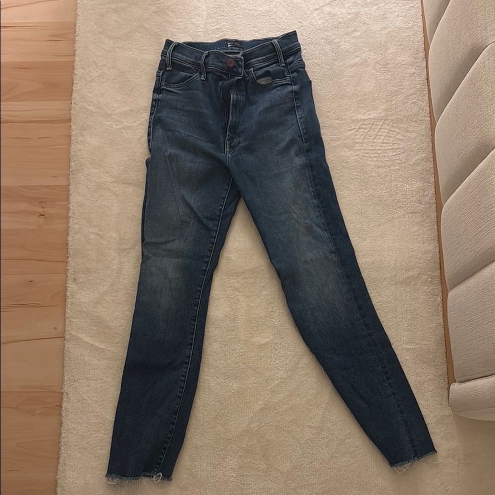 MOTHER Blue Skinny Jeans with Stretch and Distressed Details